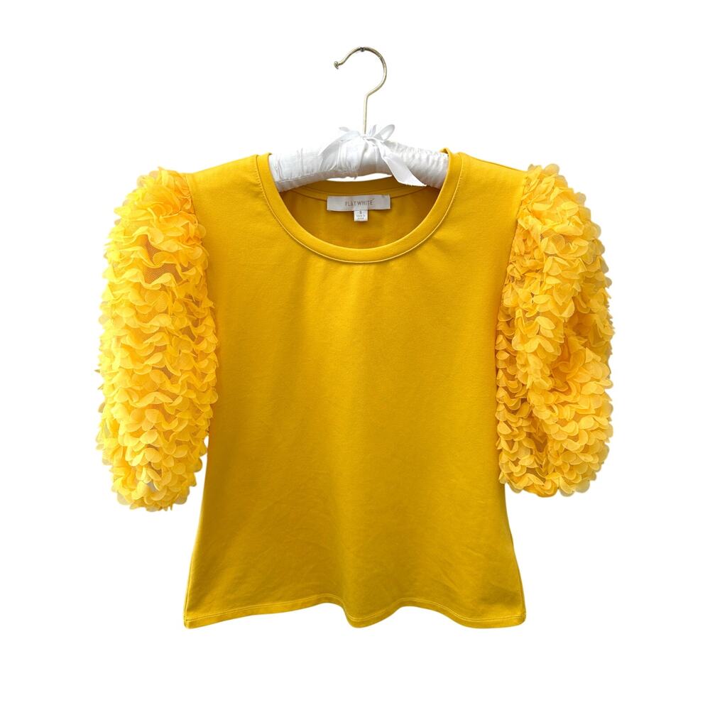 ANTHROPOLOGIE | Flat White Yellow Ruffle Puff Sleeve Blouse Top | Small